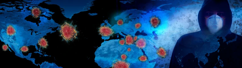 Image of the world with red blotches symbolising outbreaks and a man in face mask